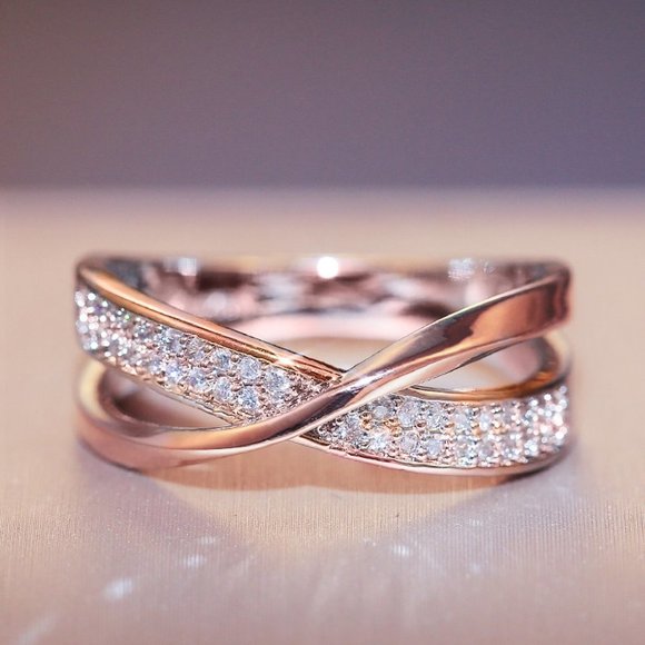 💎 Double Layer Cross Tiny Zircon Macro Pave Trendy Rings for Women, PD284 - Picture 1 of 3